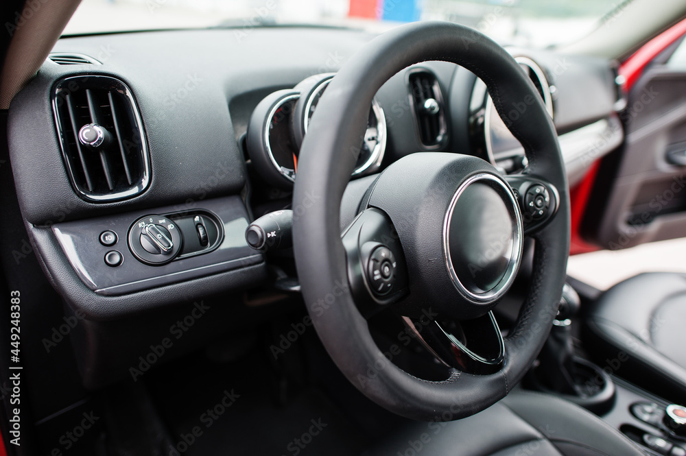 Steering wheel of city car. Small car for cities.