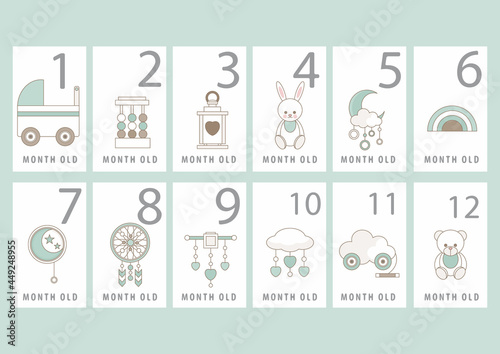 Monthly baby cards with cute baby items