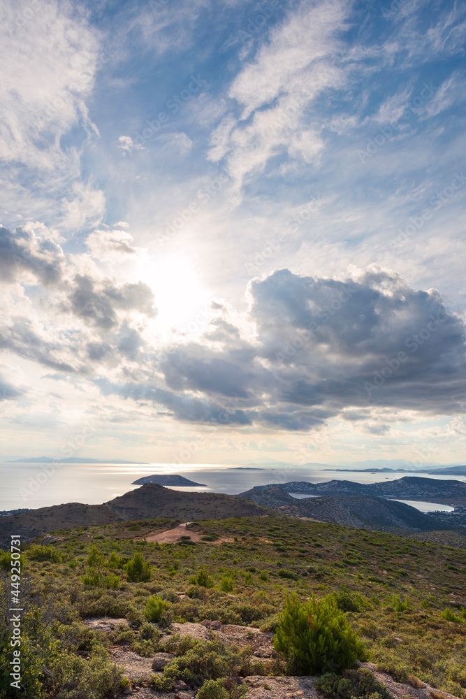 sea panorama from the heights of Keratea at sunset in Athens in Greece
