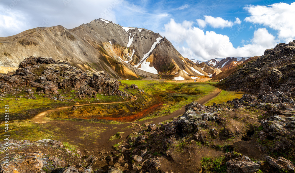 Winding hiking trail among moss, hills and rocks of Multicolored mountains at Landmannalaugar, Iceland.