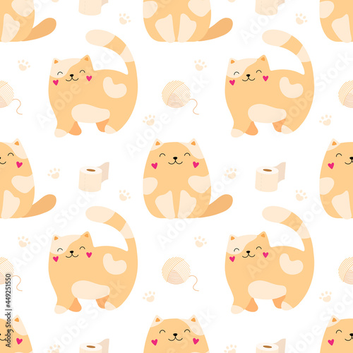 Seamless pattern cute red cat, little kitten. Childish print for textiles, packaging, fabrics, wallpapers.