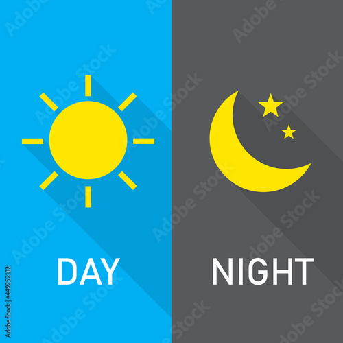 day and night long shadow. The sun and moon with stars sign. Vector illustration in flat design. isolated on white background.
