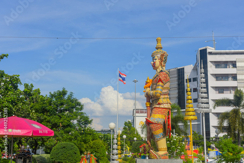 Statue of Vaiśravaṇa as the guardian at the Pillar Shrine Udon Thani province, Thailand. Vaiśravaṇa is The Seal of Udon Thani photo