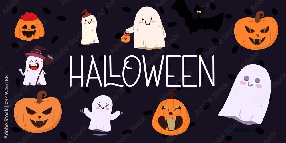 Set of cute ghosts and pumpkins. Halloween concept. Vector illustration in flat style