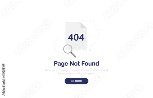Vector illustration 404 error page not found banner. File with magnifier. Flat design. Web Template. Gray. Eps 10