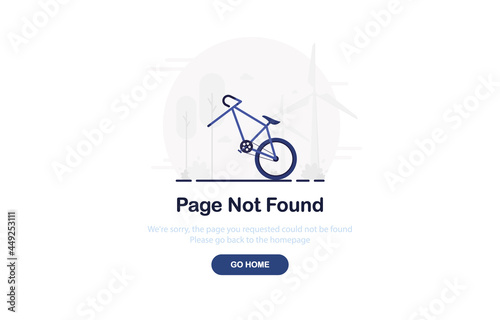 Vector illustration 404 error web page with broken bicycle without wheel. System error, broken page. Web Template. Blue. Eps 10