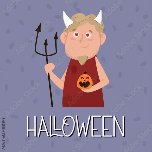 Halloween poster with devil with horns. Halloween concept. Vector illustration in flat style