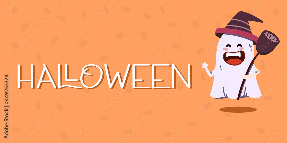 Ghost in a witch hat with a broom. Halloween concept. Banner. Vector illustration