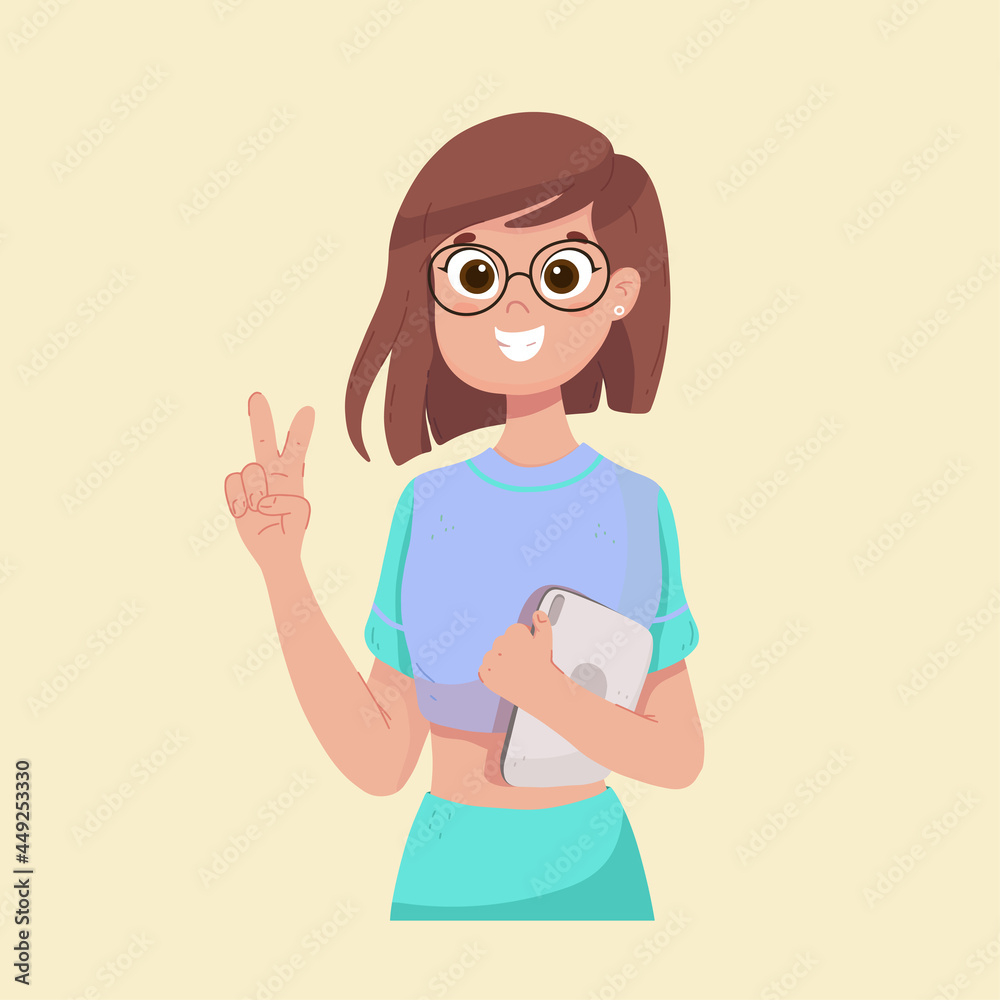 The girl shows two fingers and laughs. Glad to meet you. Live emotion concept. Vector illustration in flat style