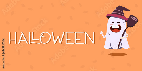 Ghost in a witch hat with a broom. Halloween concept. Banner. Vector illustration