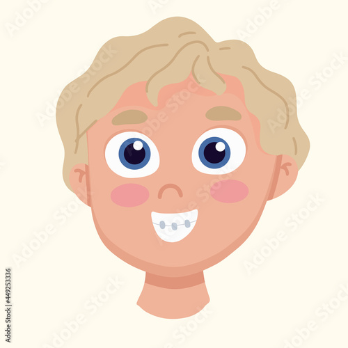 The boy in braces laughs. Live emotion concept. Vector illustration in flat style