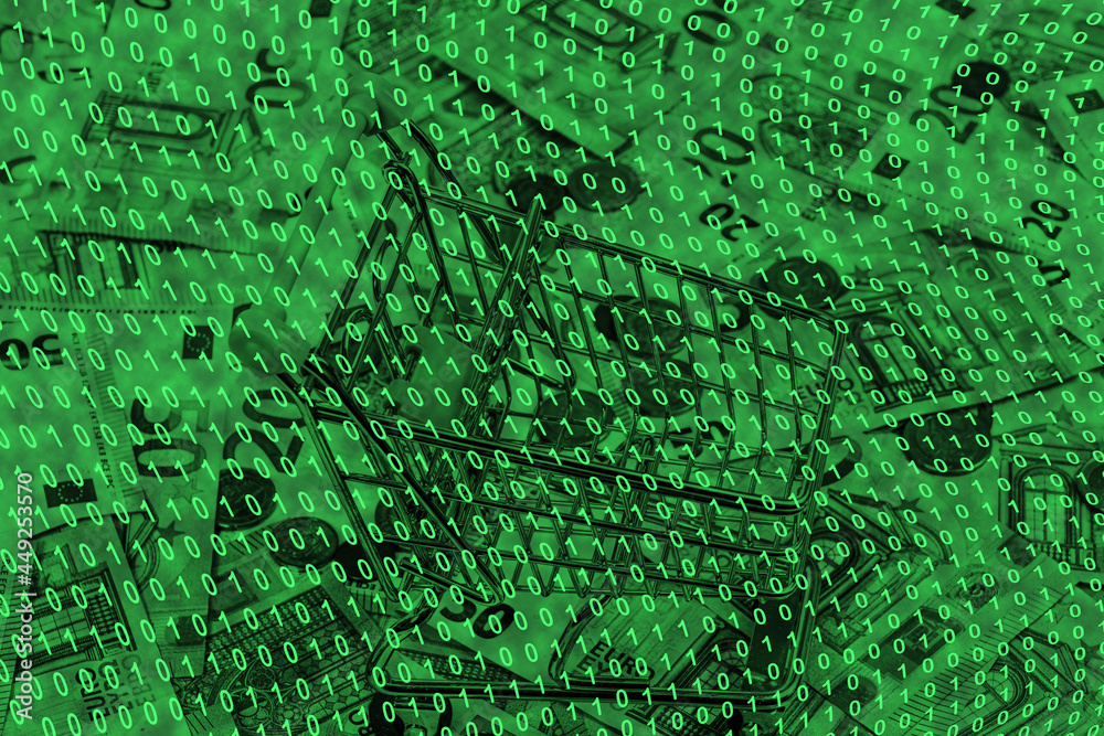 binary code grid from bright green numbers on the background of euro banknotes, ecommerce concept binary code grid from bright green numbers on the background of euro banknotes, ecommerce concept