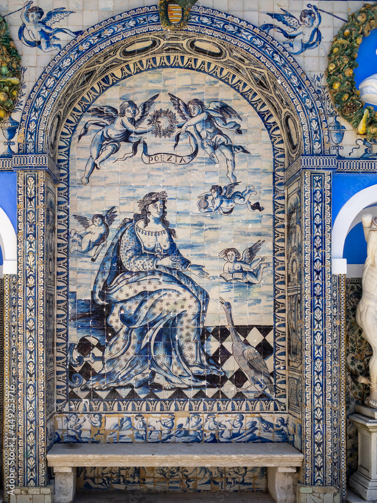 Fronteira Palace blue and white tiles with a woman allegory poetry