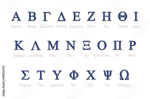 Greek alphabet letters or symbols with names in vector set