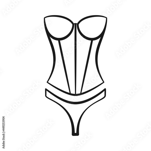 Lingerie corset or bustier with lacy thong as sexy underwear set in vector outline