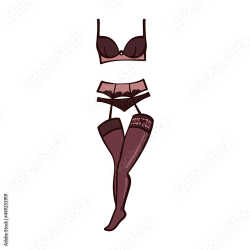 Elegant lingerie set with bra and panties, suspender belt, garter, and stockings in vector