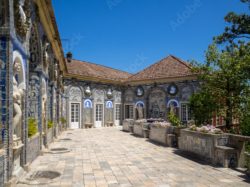 General view Palacio Fronteira terrace decorated with blue and white tiles and sculptures