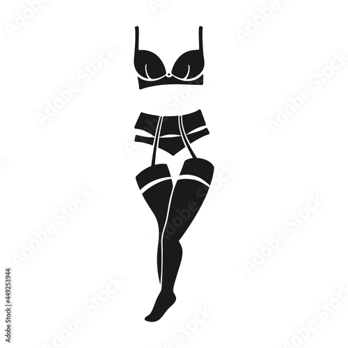 Elegant lingerie set with bra and panties, suspender belt and stockings in vector silhouette