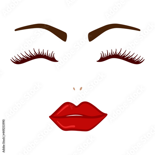 Face makeup with red lips, lashes and brows for beauty concept in vector