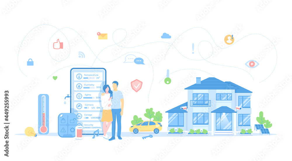 Smart Home with Central Control System. House automation concept, mobile app. The couple monitors indicators of security, thermostat, lighting in the house through the phone. Vector illustration Smart Home with Central Control System. House automation concept, mobile app. The couple monitors indicators of security, thermostat, lighting in the house through the phone. Vector illustration