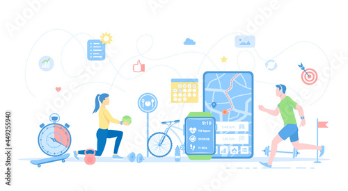Smart Workout, Training, Fitness, Running. Fitness tracker app graphic user interface for smart watch and phone. Man and woman doing sports exercises. Vector illustration flat style.