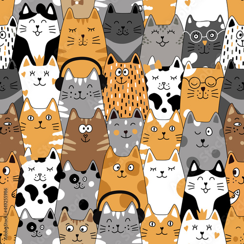 Seamless pattern with funny cats, cat food and fish on a white background.