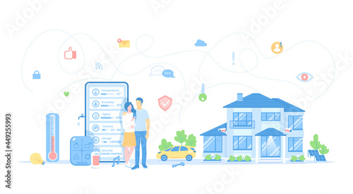Smart Home with Central Control System. House automation concept, mobile app. The couple monitors indicators of security, thermostat, lighting in the house through the phone. Vector illustration 