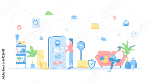 Online internet Banking, mobile payments. Man using laptop for online banking, accounting. Woman pays via phone. Vector illustration flat style.