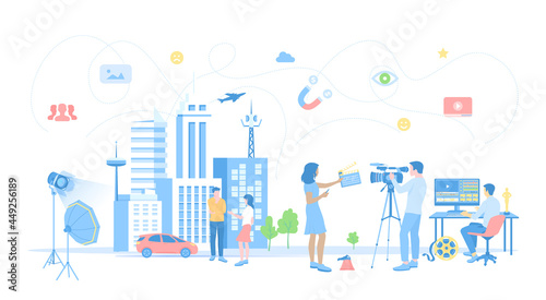 Film Production. Outdoor filmmaking scene. Shooting film with actors, camera, light, microphone. Movie director, cameraman, video editor. Vector illustration flat style.