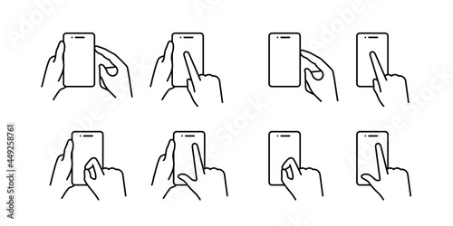 Set of touch screen gesture icons. Hand holding a phone. Pressing the smartphone screen and the side button, zooming in and out. Isolated vector outline symbols on white background. Editable strokes.