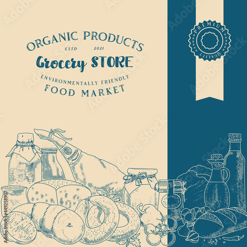 An illustration of organic food products in an engraved style. Products of the farmers market. The concept of a grocery store.