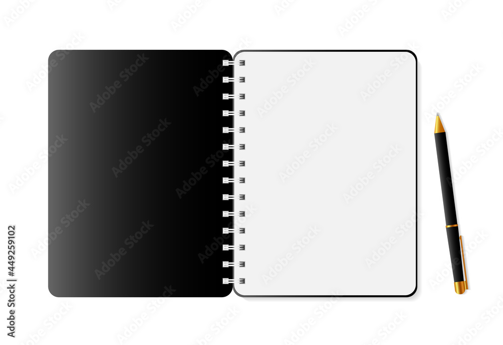 Black notebook and pen. Clear sheet. Vector illustration. Black notebook and pen. Clear sheet. Vector illustration.