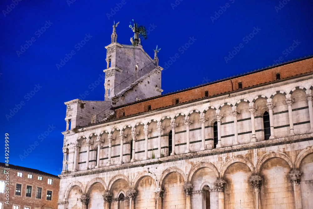 St Michael Cathedral at night in Lucca, Italy.