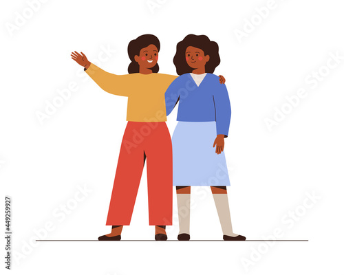Friends stand together and embrace. Smiling Two schoolgirls greeting and supporting each other. Girl shows something to her sister or welcomes her. Concept of friendship and partnership. Vector illust