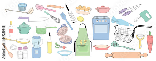 A set of dishes for the kitchen vector stock illustration. Cook's cooking tools. Stickers about the household. Templates for menu recipes. Isolated on a white background.