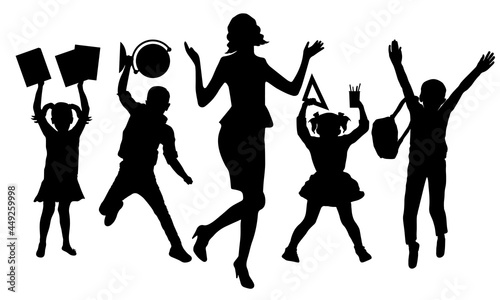 Silhouettes of happy teacher and school children of first graders with books, globe, copybooks, ruler, pens and pensils. Back to school. Vector illustration.