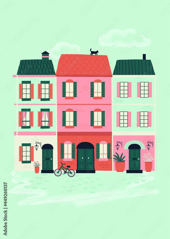 designed for girls; Vectorial retro and naive buildings print design with bicycle in front. It can be used whenever you want.