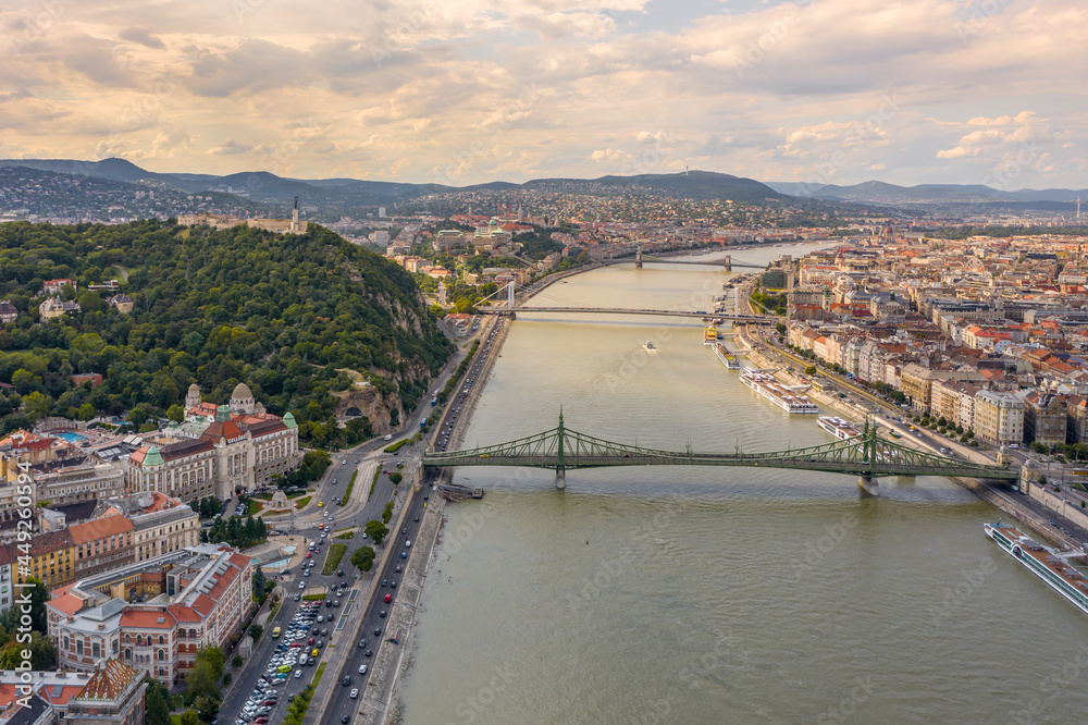 Hungary - Budapest Landscape with Danube river, Gellert bath, and the Buda castle with the Citadel