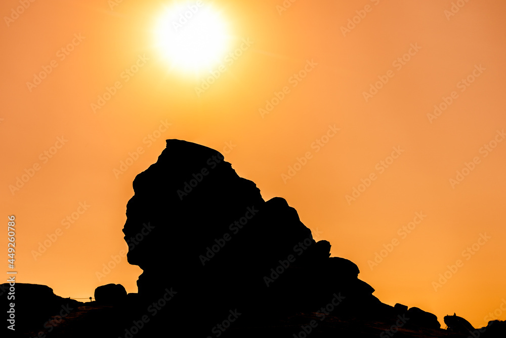 Silhouette of the Sphinx, a natural rock formation in the Bucegi Natural Park, Bucegi Mountains of Carpathians Mountains, Romania at 2216 metres (7,270 ft) altitude