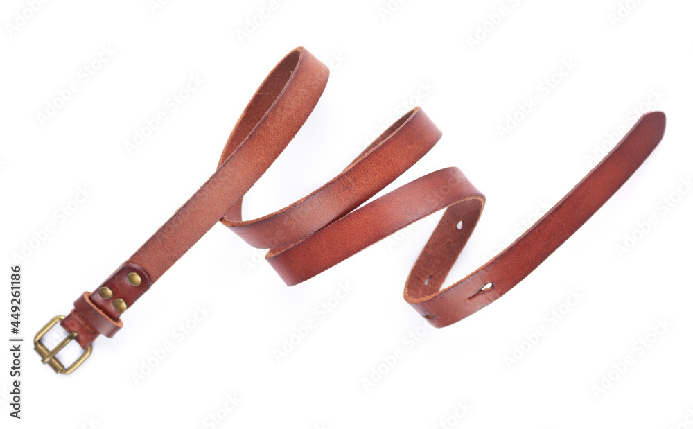 Brown leather belt isolated on white background. Old belt Brown leather belt isolated on white background. Old belt