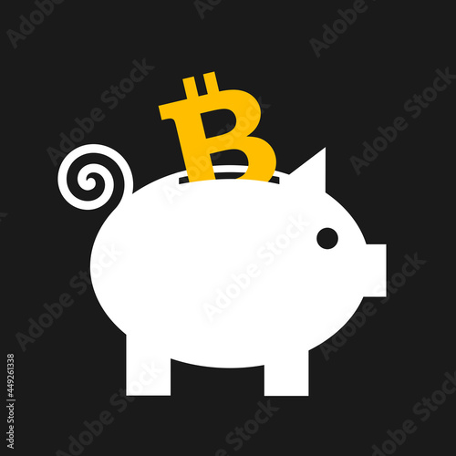 Bitcoin and piggy bank and money box. Container to save crypto currency and cryptocurrency. Vector illustration isolated on black.