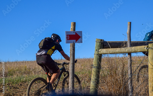 cyclist on a bicycle with direction board