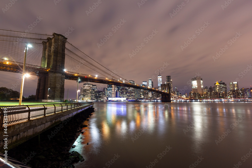 Brooklyn bridge seen from Pier 1 in Brooklyn, New York, USA