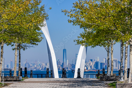 View over the Staten Island September 11 Memorial, in St. George, Staten Island, NYC with One World Trade Center in the background