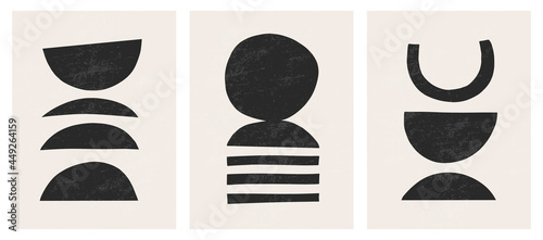 Trendy contemporary Abstract shapes art prints, Minimal black shapes on beige