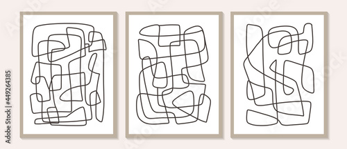 Trendy contemporary Abstract line art prints, Minimal black shapes on beige
