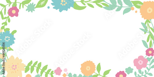 手書きタッチの草木と花。草木と花のベクターイラスト。花柄のイラストフレーム。