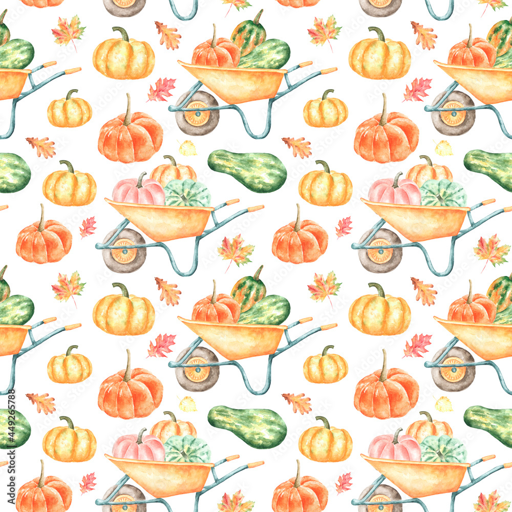 Wheelbarrow with pumpkins watercolor seamless pattern. Zucchini and pumpkins on a white background. Thanksgiving Day. Autumn harvest. Leaves. Orange, yellow, green, pink pumpkins. For printing 
