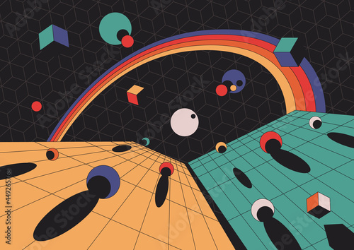 jaren 80 stijl abstracte ruimte illustratie, perspectief, geometrische vormen, vintage kleuren, regenboog, ballen en kubussen