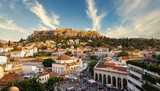 aerial panoramic view of Monastiraki square and the Acropolis at sunset in Athens  Greece